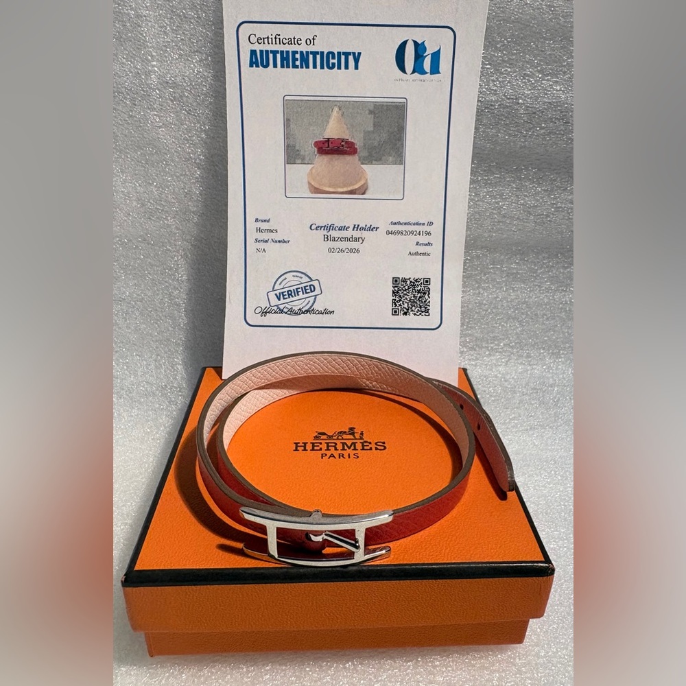 Hermès Hapi Double Wrap Bracelet Coral Leather Palladium H Buckle T2 COA Box
